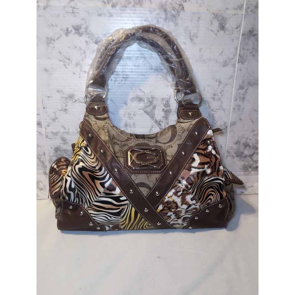 GUESS ? Patchwork Animal Purse Bag Silver Logo Hardware Double Handles 14.5"x9" - Picture 1 of 11